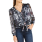 INC International Concepts Women's Printed Tie Front Puff Sleeve Top Blue Size X-Small
