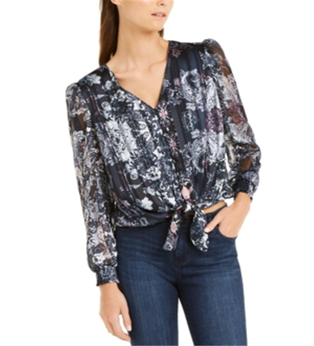 INC International Concepts Women's Printed Tie Front Puff Sleeve Top Blue Size X-Small