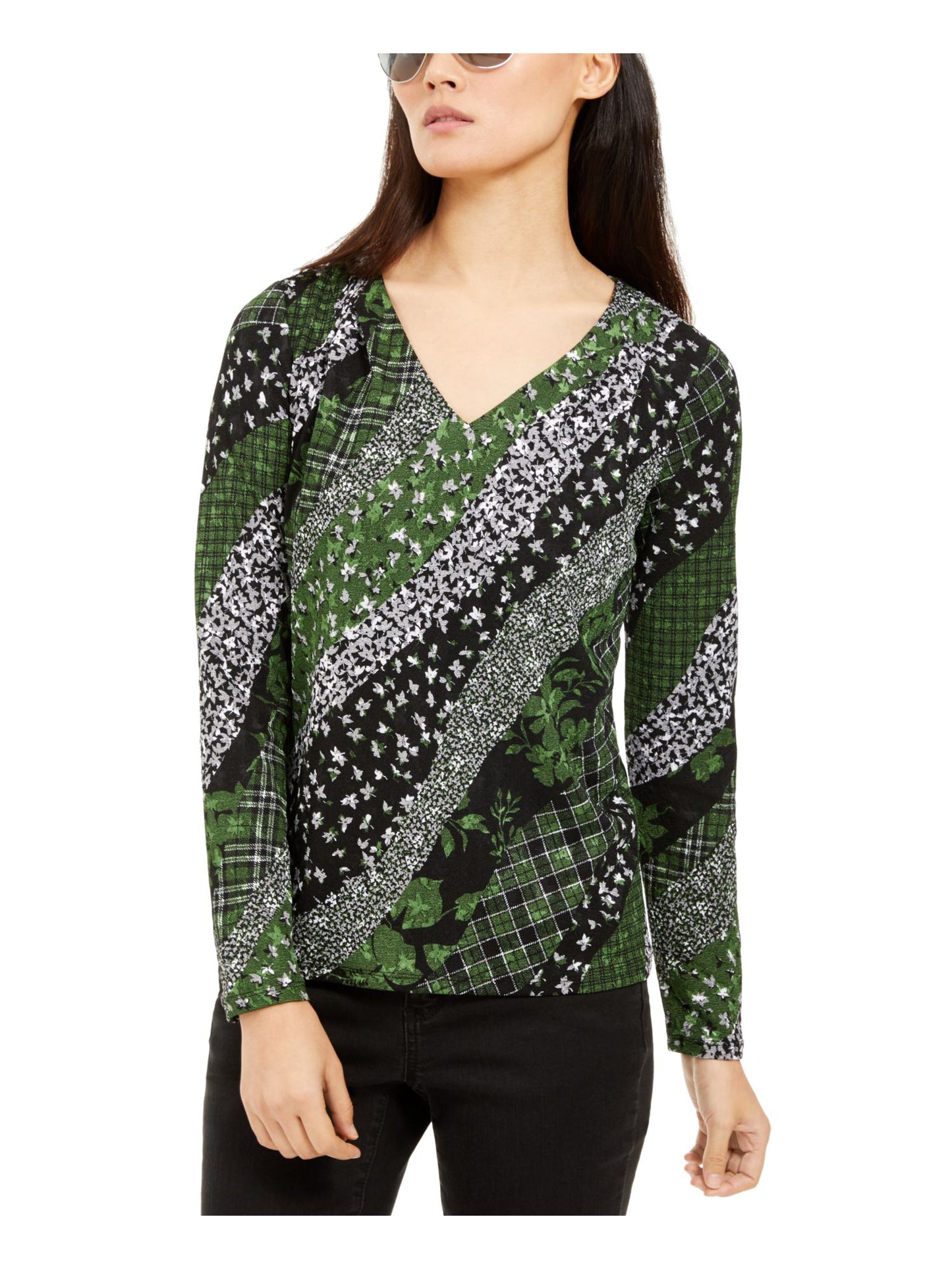 Michael Kors Women's Printed Long Sleeve V Neck Top Green Size Medium