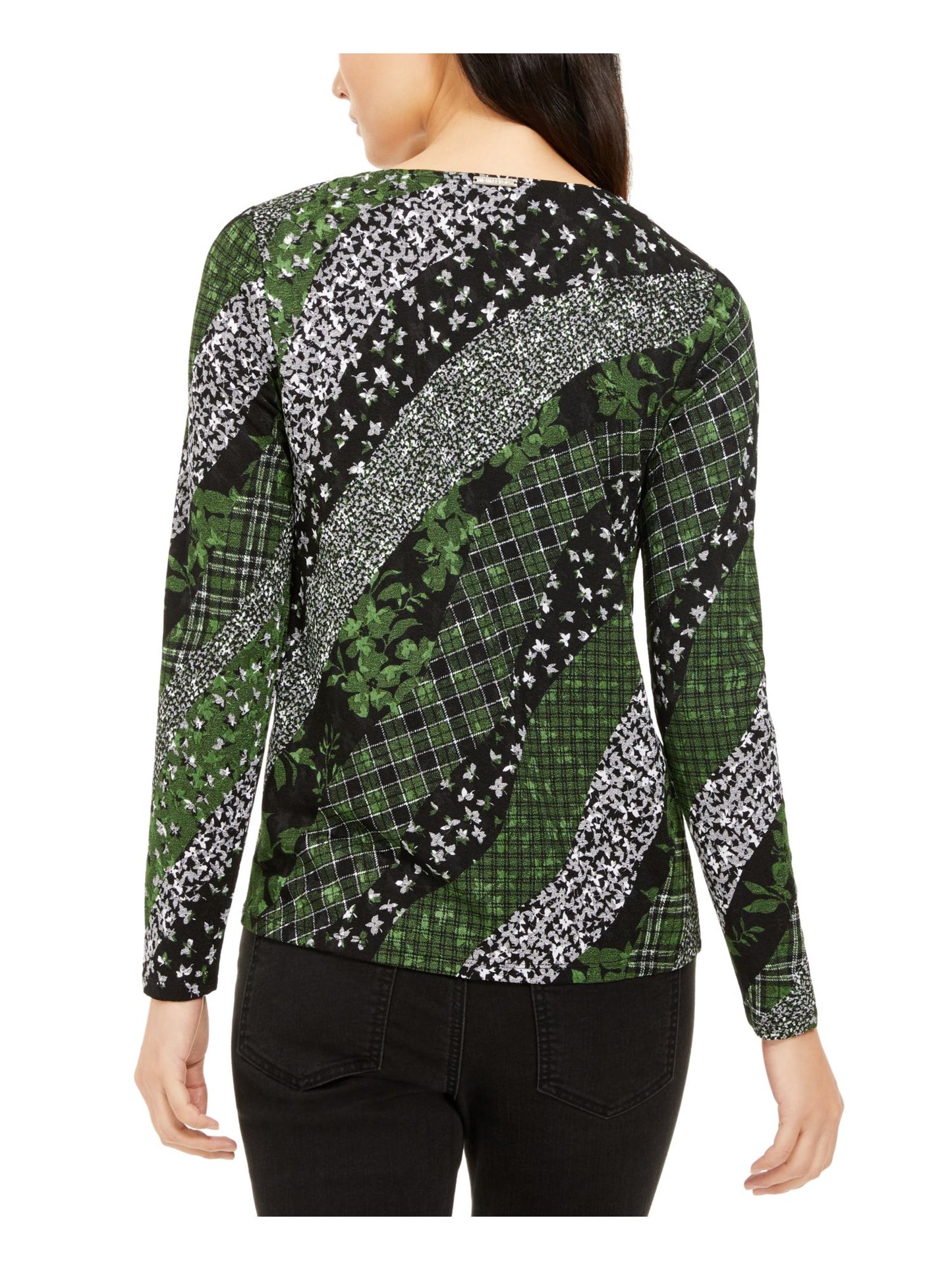 Michael Kors Women's Printed Long Sleeve V Neck Top Green Size Medium