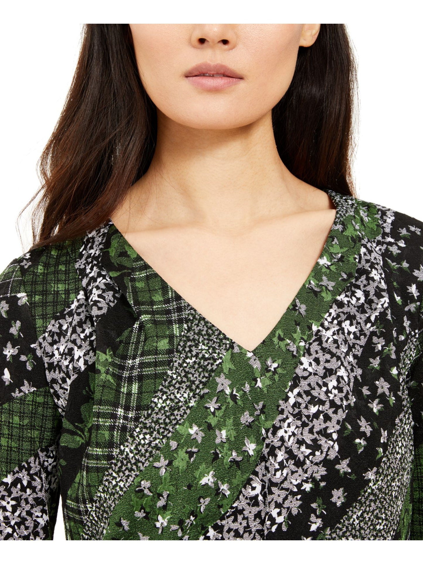 Michael Kors Women's Printed Long Sleeve V Neck Top Green Size Medium