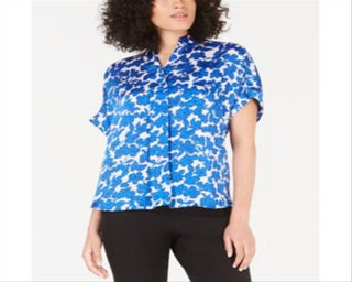 Alfani Women's Printed Short Sleeve Blouse Blue Size Petite Small