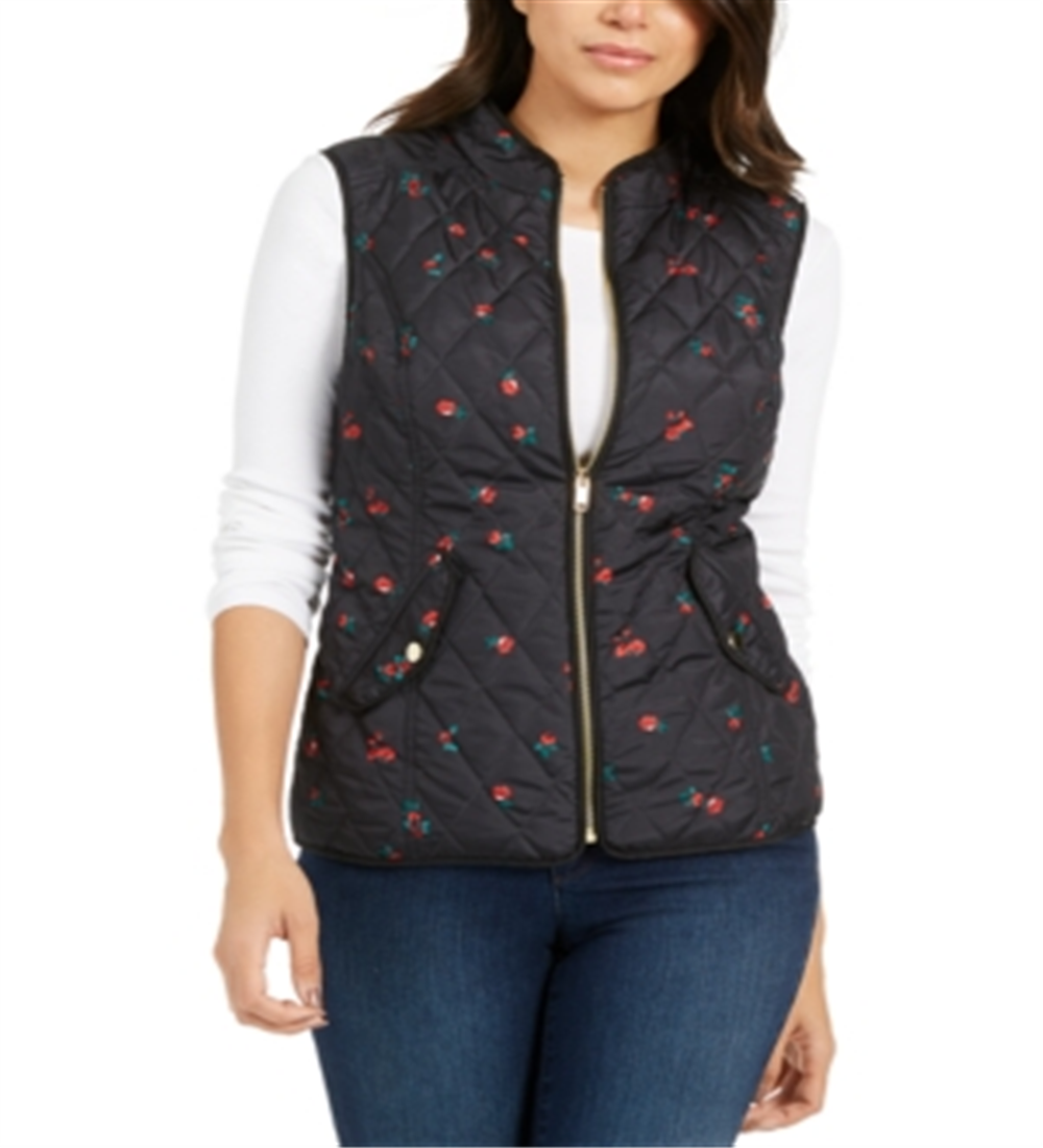Charter Club Women's Quilted Floral Print Zipper Vest Black Size Petite Medium