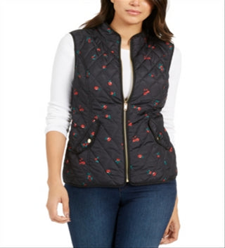Charter Club Women's Quilted Floral Print Zipper Vest Black Size Petite Medium
