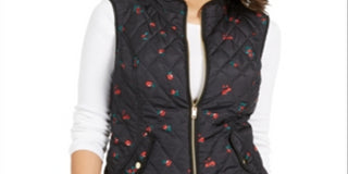 Charter Club Women's Quilted Floral Print Zipper Vest Black Size Petite Medium