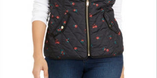Charter Club Women's Quilted Floral Print Zipper Vest Black Size Petite Medium