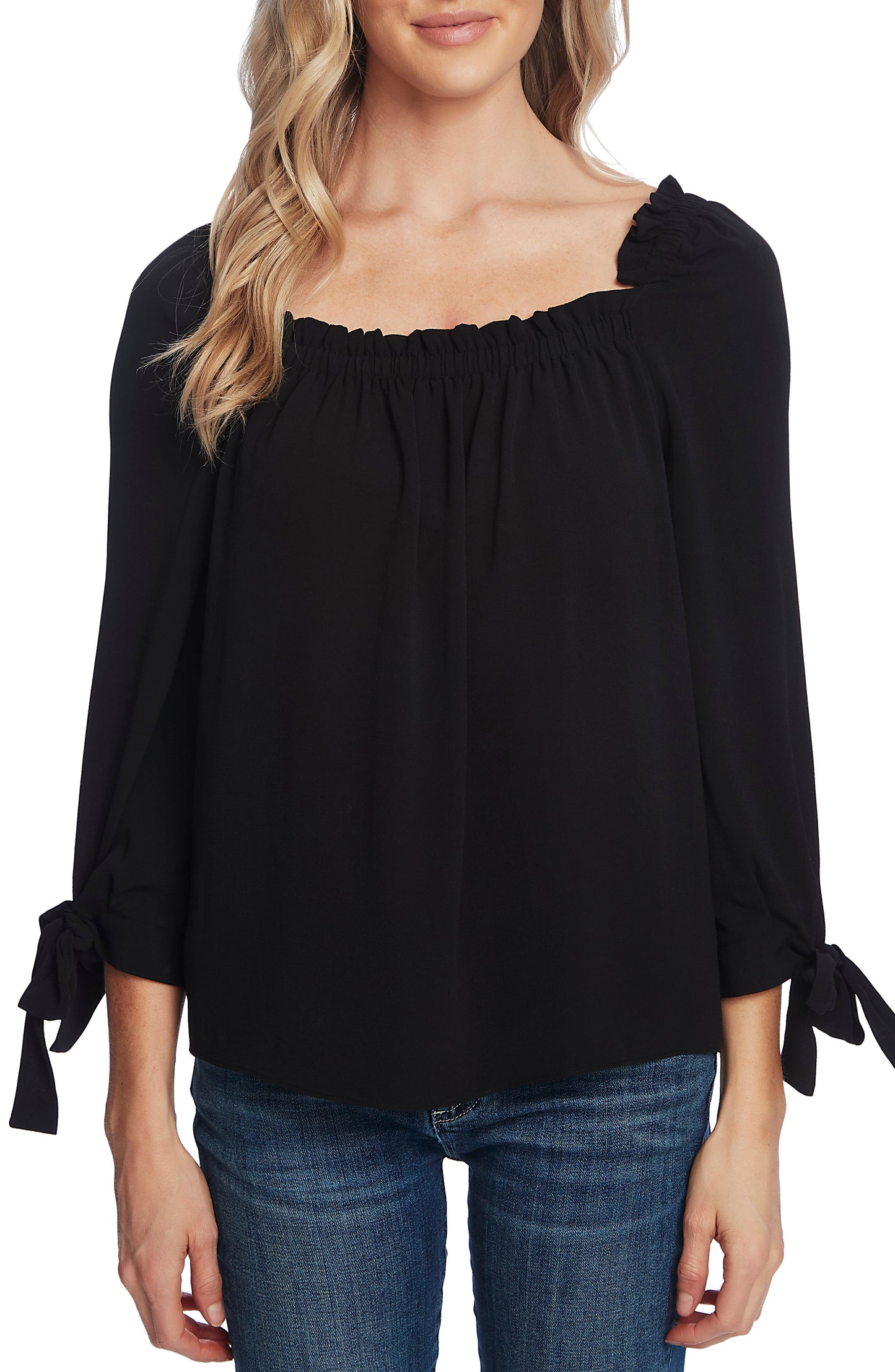 CeCe Women's Ruched Neck Tie Sleeve Top Black Size Small