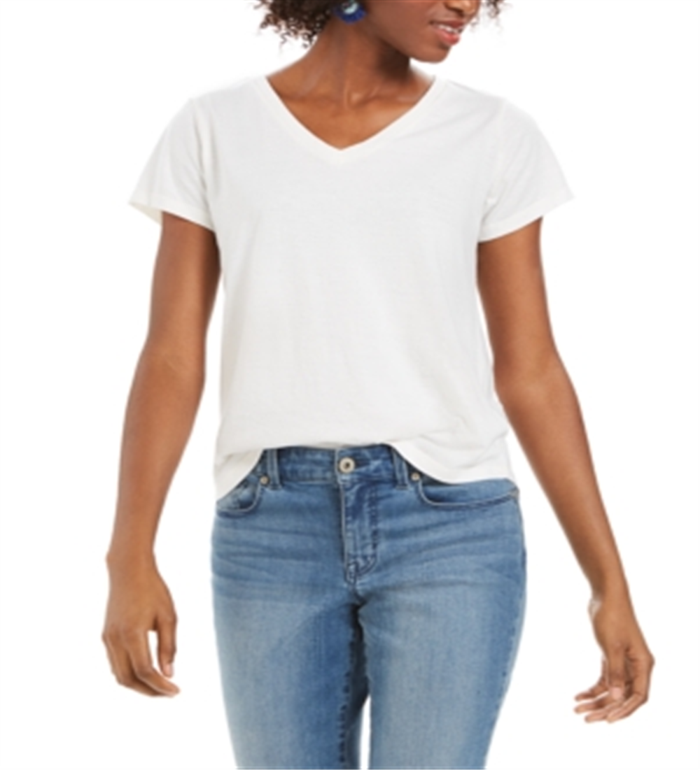 Style & Co Women's Burnout V Neck T-Shirt White Size X-Large