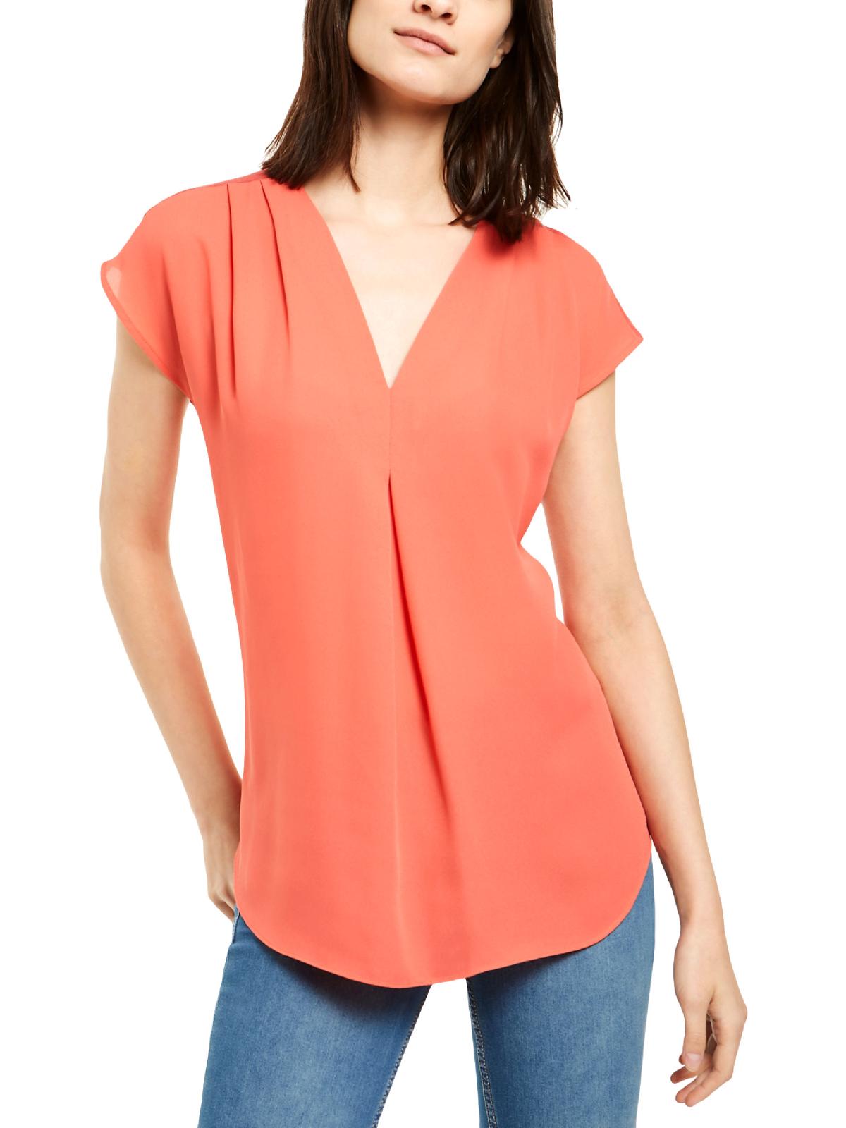 INC International Concepts Women's Plus Mixed Media V Neck Blouse Orange Size 0X