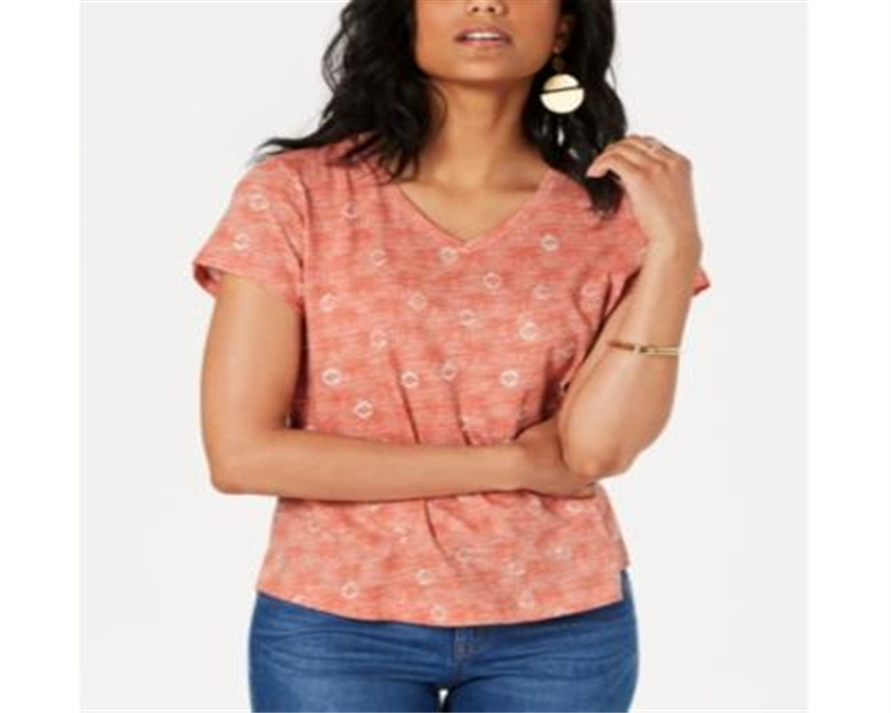 Style & Co Women's Cotton Printed V Neck T-Shirt Orange Size Petite