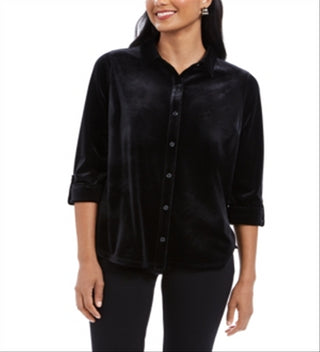 Charter Club Women's Button Front Velvet Top Black Size Petite X-Large