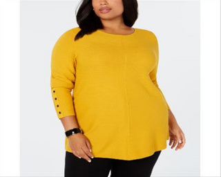 Alfani Women's Plus Ribbed Snap Detail Sweater Yellow Size 0X