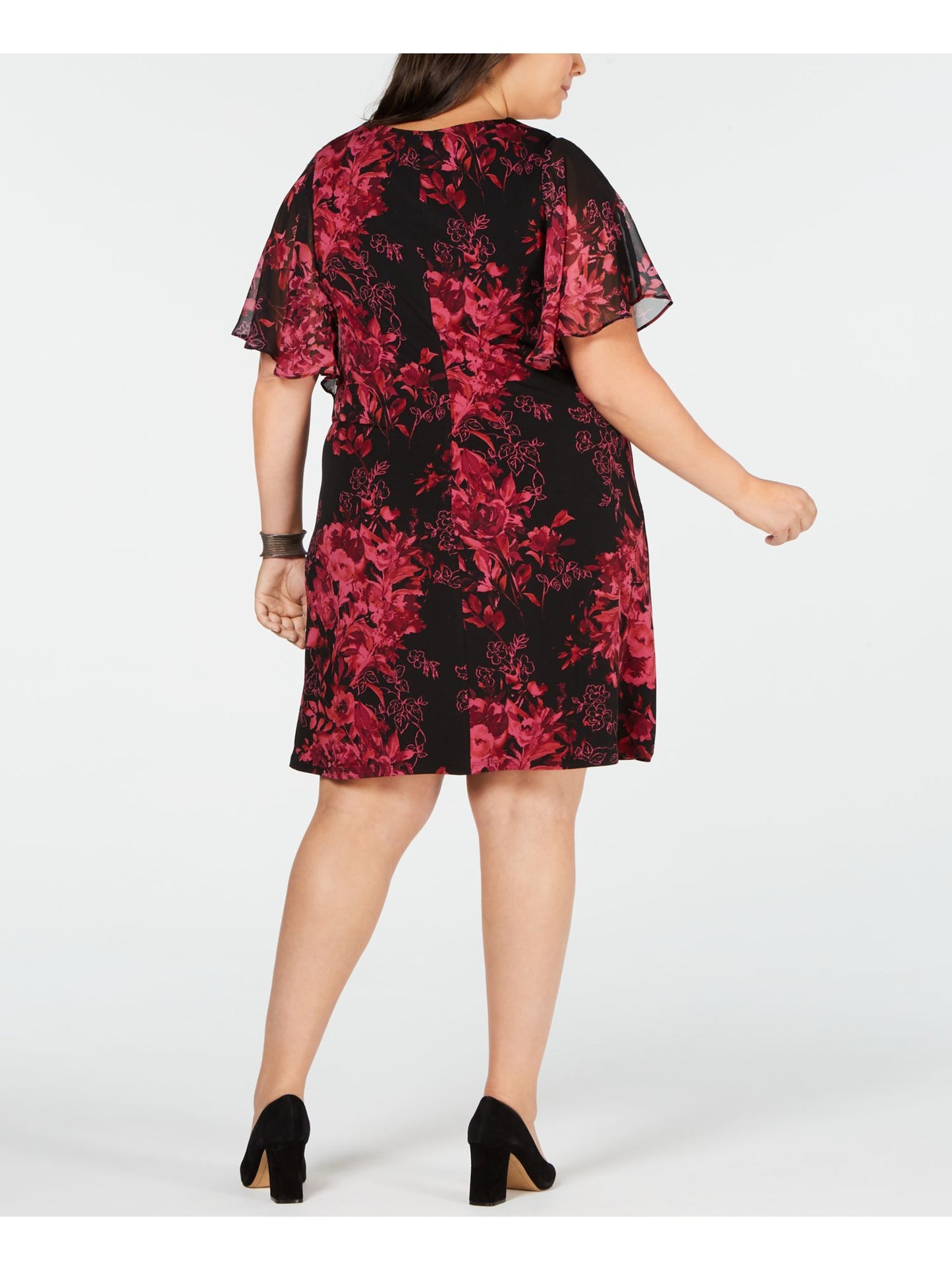 CONNECTED Women's Burgundy Floral Short Sleeve V Neck Knee Length Shift Wear to Work Dress  Purple Size 14W