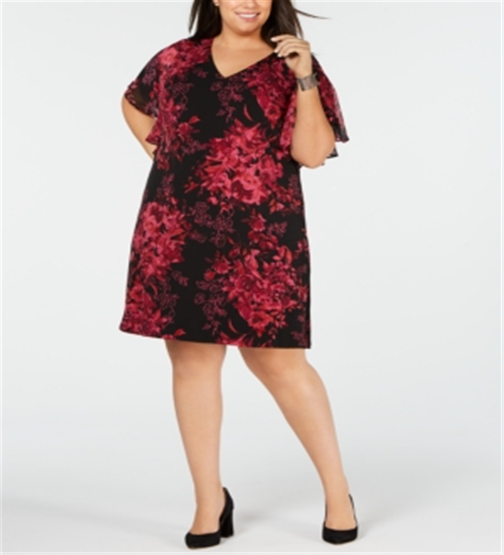 CONNECTED Women's Burgundy Floral Short Sleeve V Neck Knee Length Shift Wear to Work Dress  Purple Size 14W