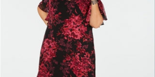 CONNECTED Women's Burgundy Floral Short Sleeve V Neck Knee Length Shift Wear to Work Dress  Purple Size 14W