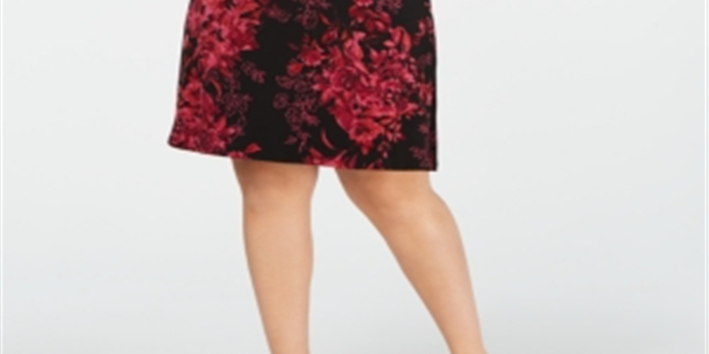 CONNECTED Women's Burgundy Floral Short Sleeve V Neck Knee Length Shift Wear to Work Dress  Purple Size 14W