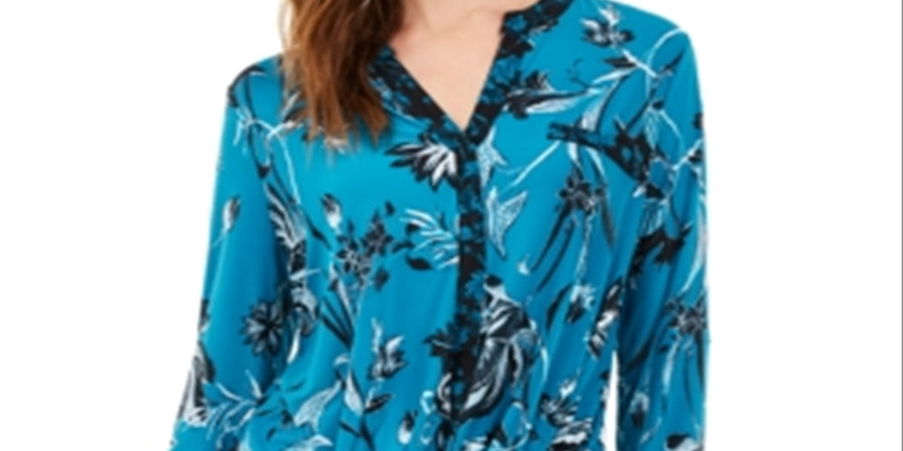 INC Women's  Twist-Front Top  - Pumpkin Blooms Green Size Medium