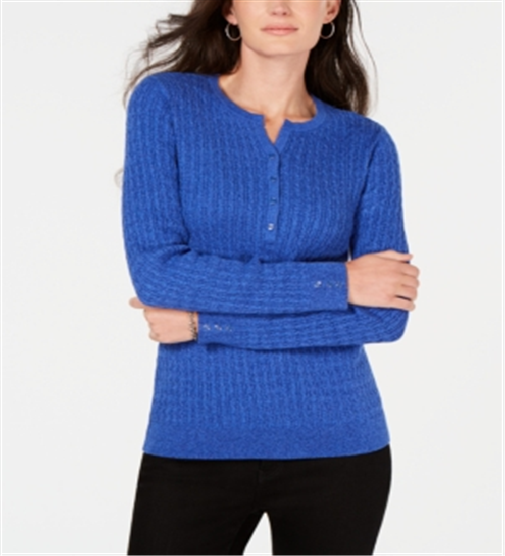 Karen Scott Women's Cotton Cable Knit Henley Sweater Blue Size Petite
