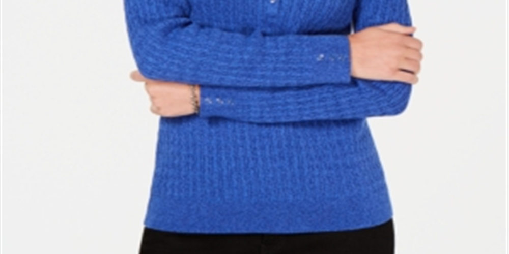 Karen Scott Women's Cotton Cable Knit Henley Sweater Blue Size Petite