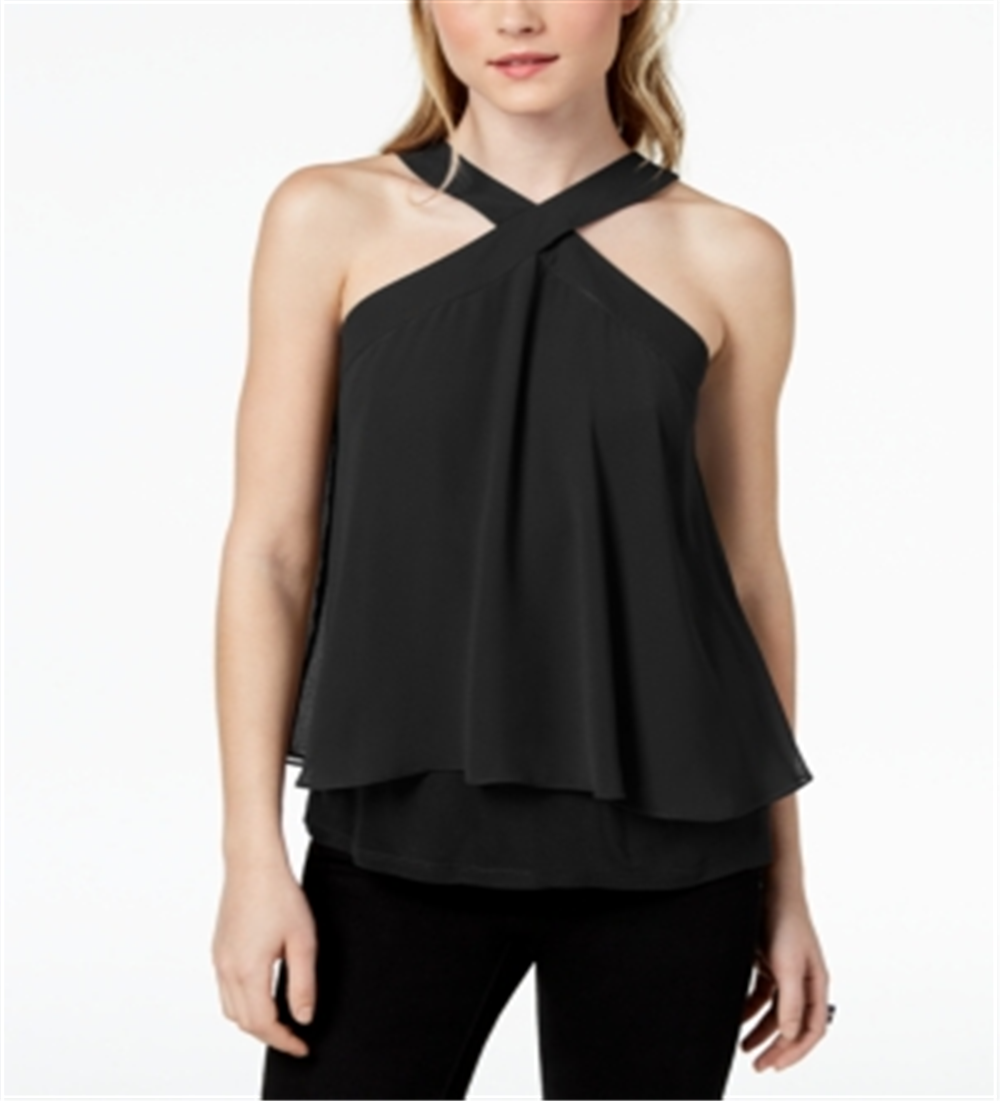 Bar III Women's Flutter Overlay Criss-Cross Halter Top Black Size S