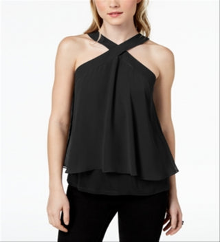Bar III Women's Flutter Overlay Criss-Cross Halter Top Black Size S