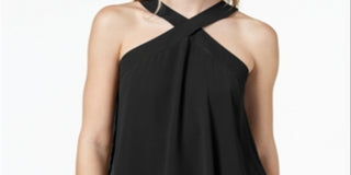 Bar III Women's Flutter Overlay Criss-Cross Halter Top Black Size S