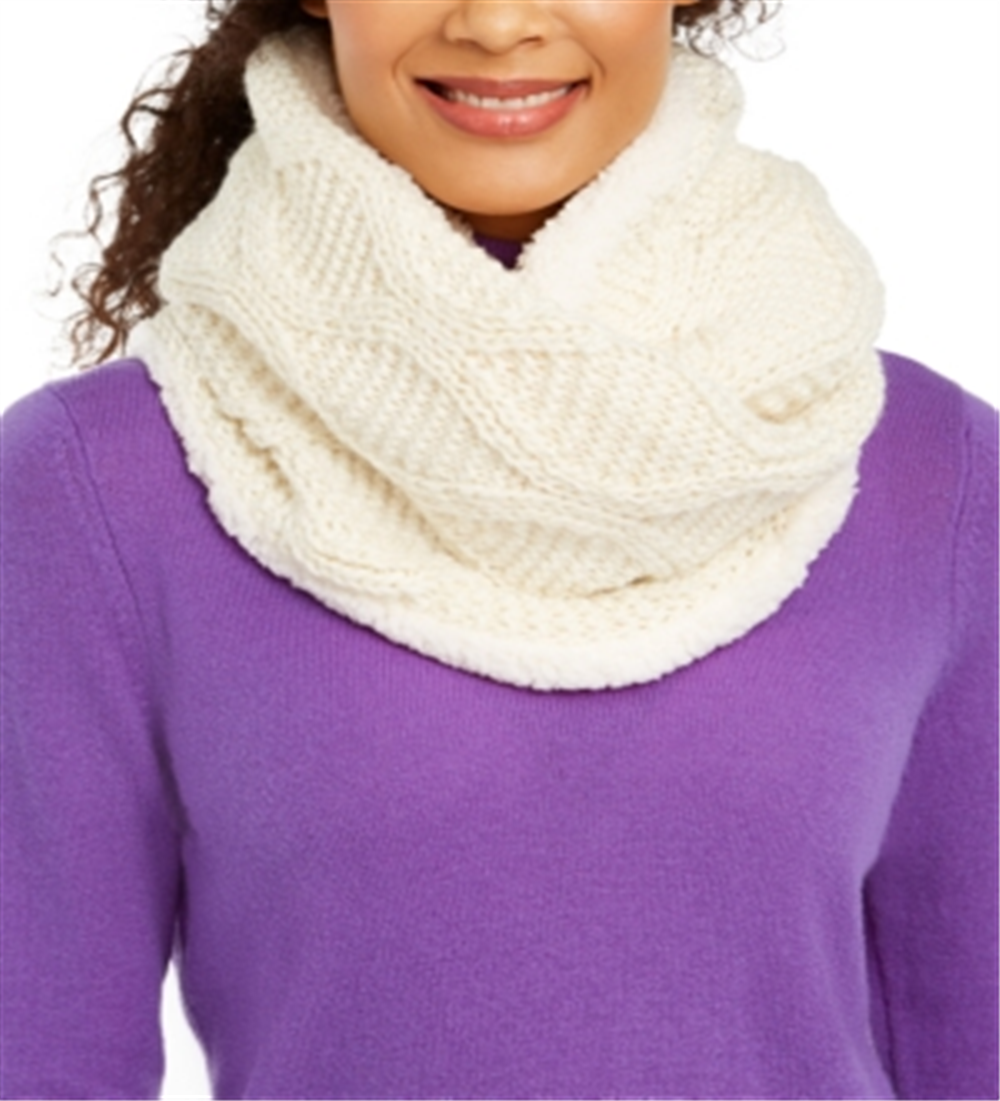INC Women's Cable-Knit Shine Loop Scarf with Faux-Sherpa Lining  Ivory One Size