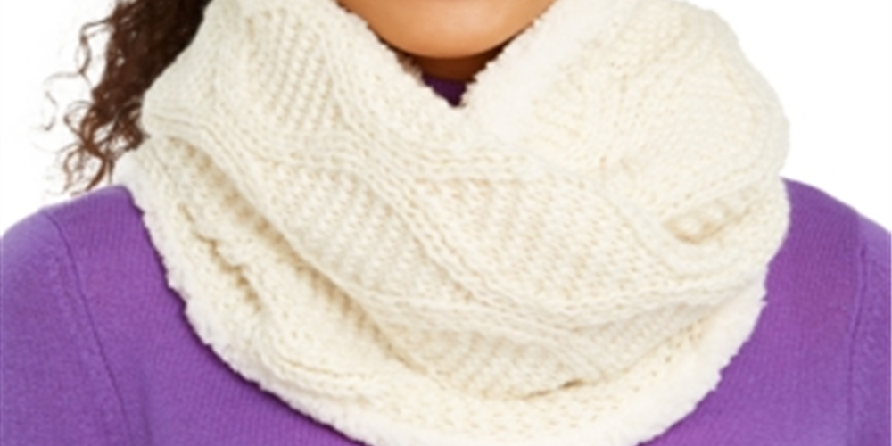 INC Women's Cable-Knit Shine Loop Scarf with Faux-Sherpa Lining  Ivory One Size