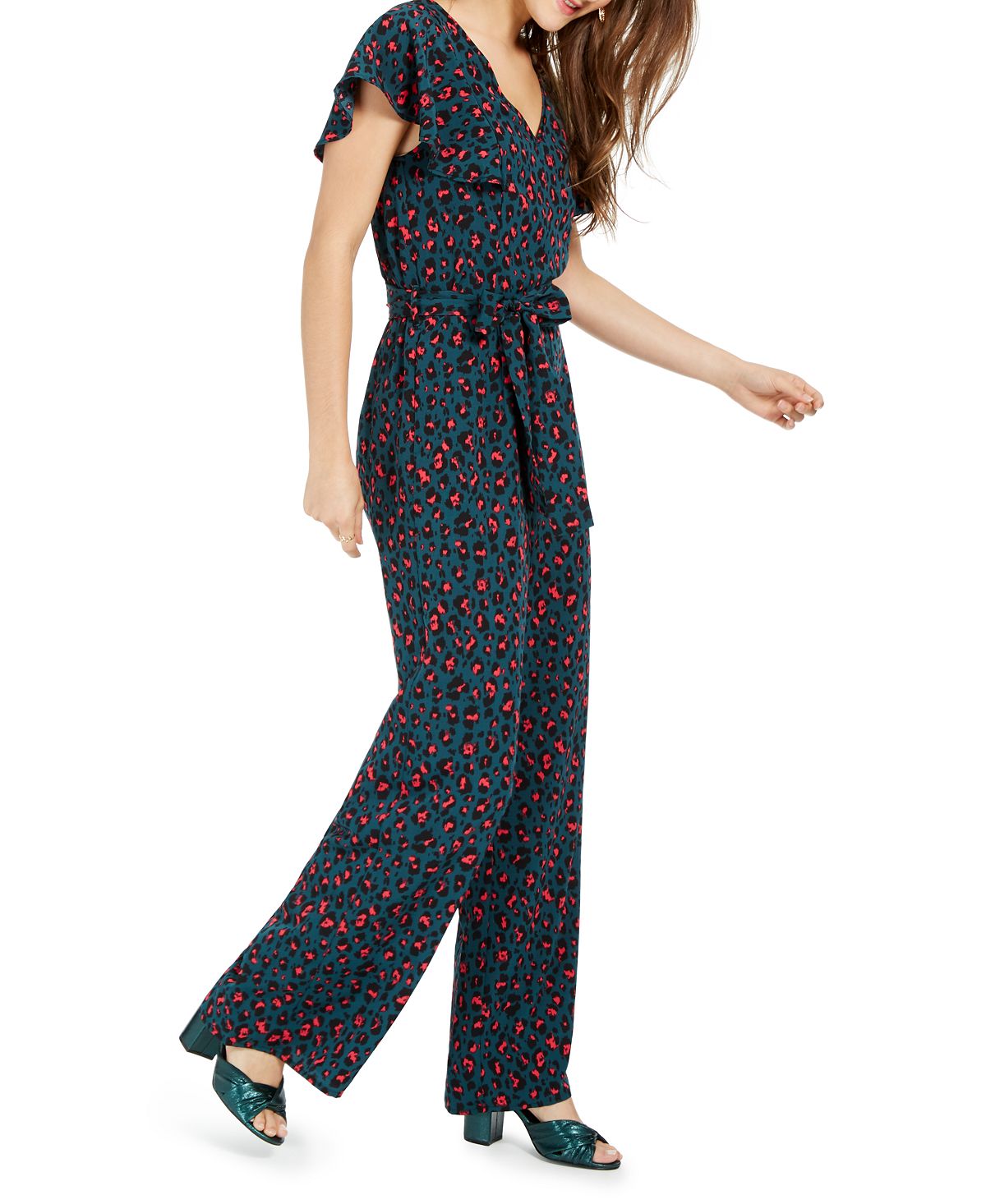 Crystal Doll Junior's Animal Print Jumpsuit Green Size Small