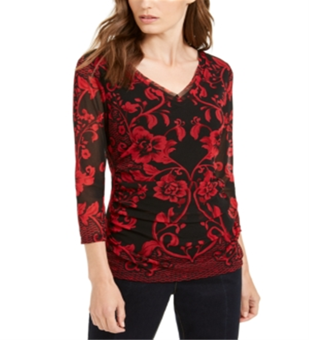INC Women's Petite Printed Mesh Top  Red Size Petite S