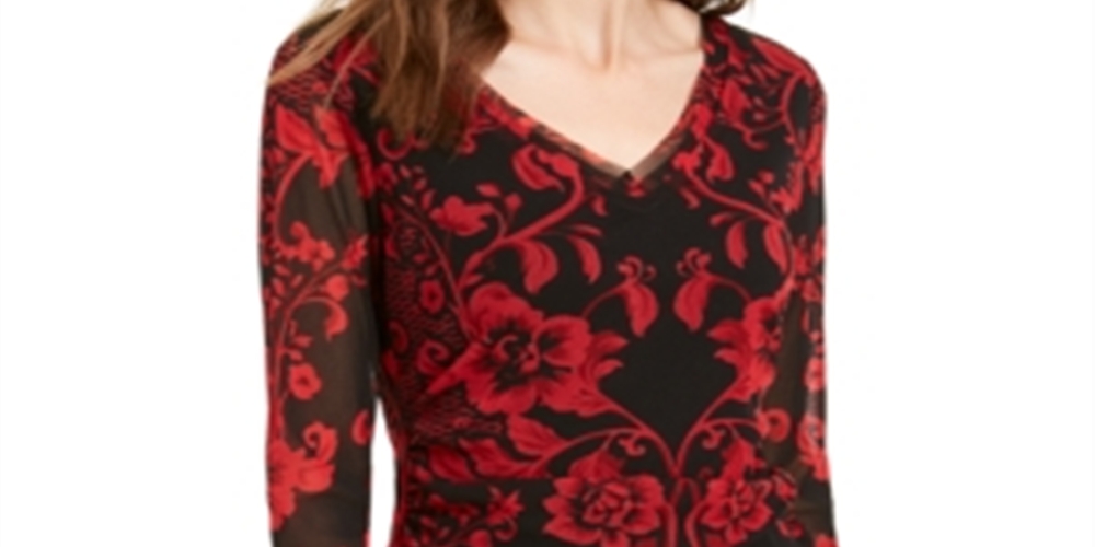 INC Women's Petite Printed Mesh Top  Red Size Petite S