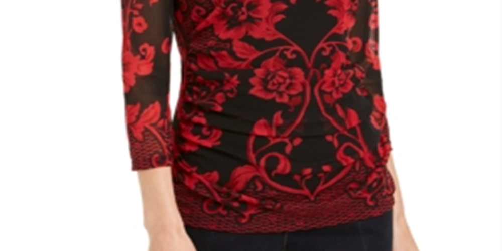 INC Women's Petite Printed Mesh Top  Red Size Petite S