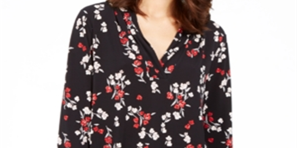 Charter Club Women's Floral Print Pleated V-Neck Blouse  Black Size Large