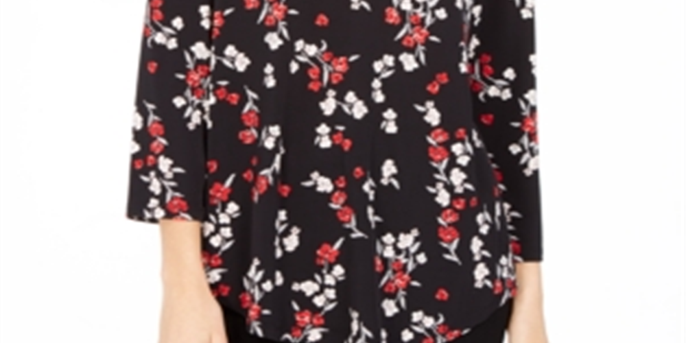 Charter Club Women's Floral Print Pleated V-Neck Blouse  Black Size Large