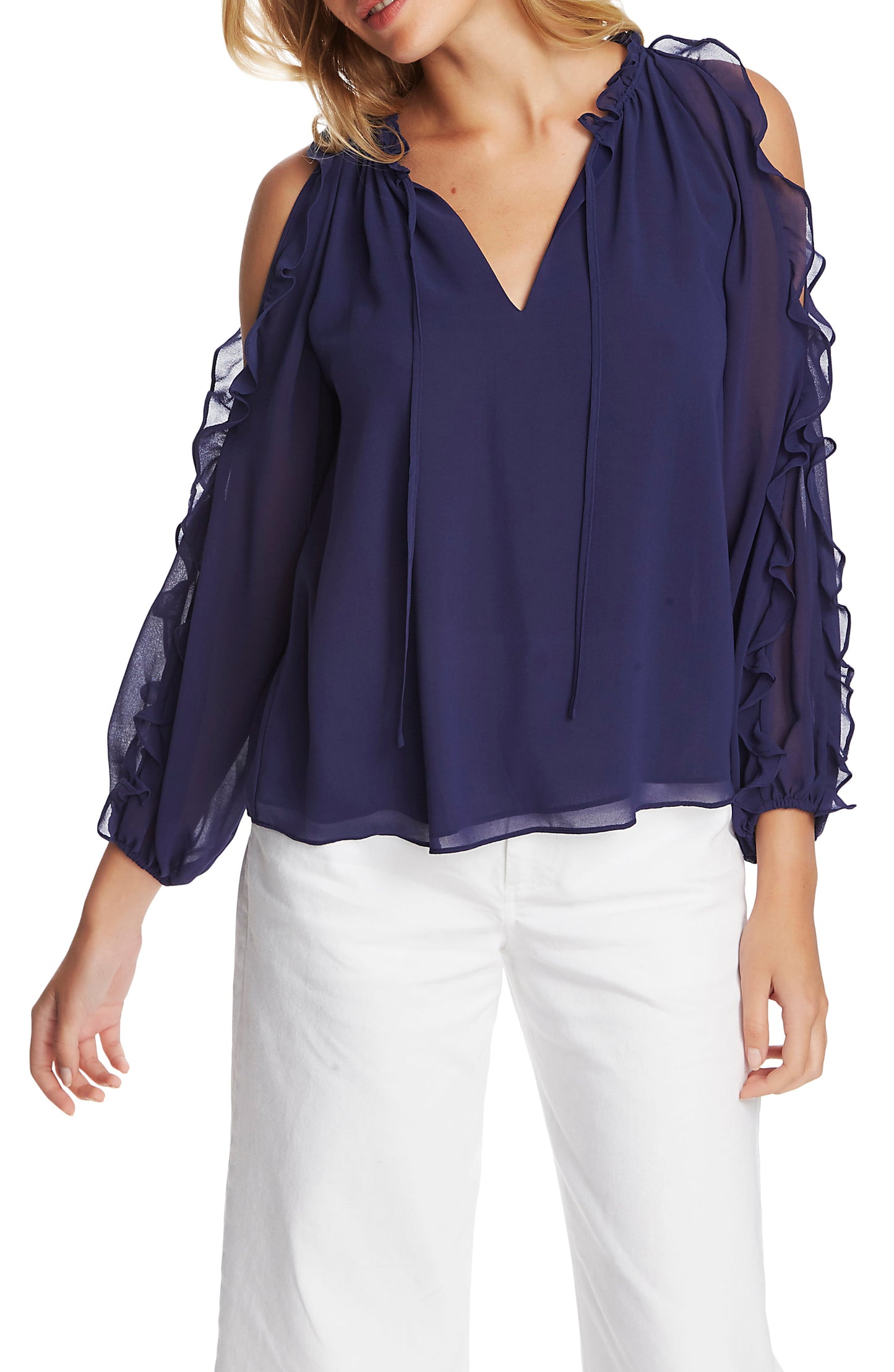 1.STATE Women's Ruffled Cold Shoulder Top Blue Size X-Large