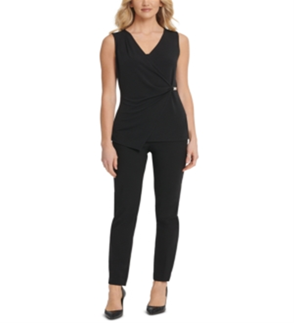 DKNY Women's Wrap Top V-Neck Sleeveless  Black Size XL