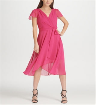 DKNY Women's Belted Surplice Dress Pink Size 10