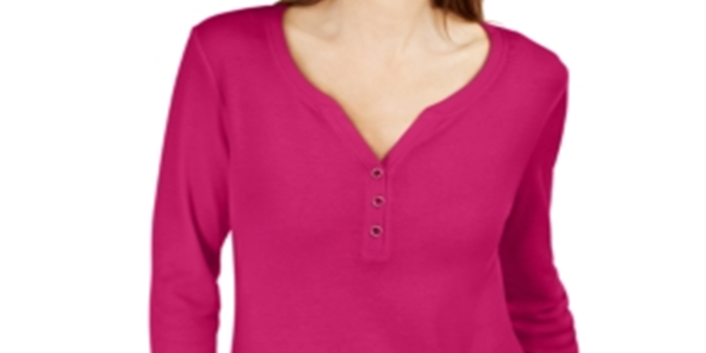 Karen Scott Women's 3/4-Sleeve Henley Shirt in Regular and Petite  Pink Size M