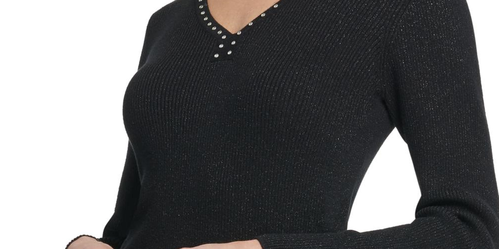 DKNY Women's Pullover Sweater Embellished V Neck Black Size Large