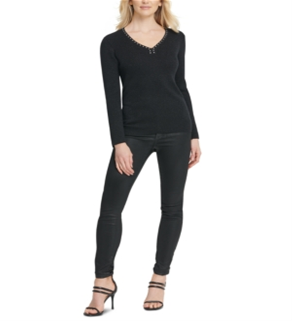 DKNY Women's Pullover Sweater Embellished V Neck Black Size Large