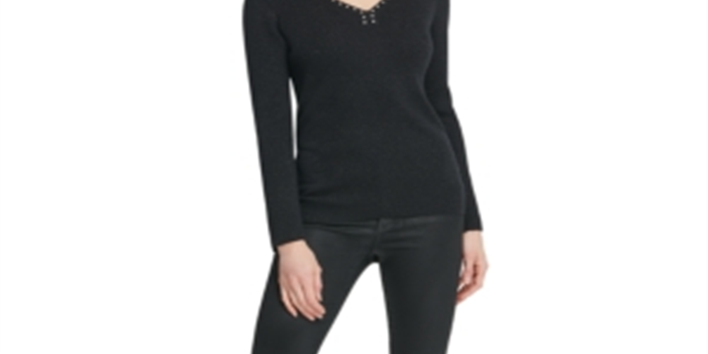 DKNY Women's Pullover Sweater Embellished V Neck Black Size Large