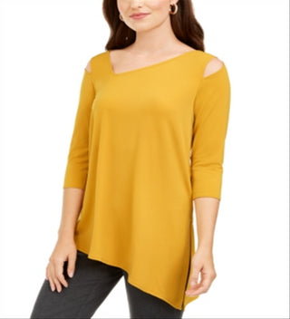 Alfani Women's Cold Shoulder Asymmetrical Knit Top Gold Size S