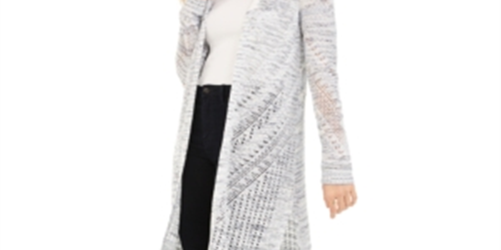 Hooked up by Iot Juniors' Pointelle Cardigan - Denim Spacedye Blue Size Large