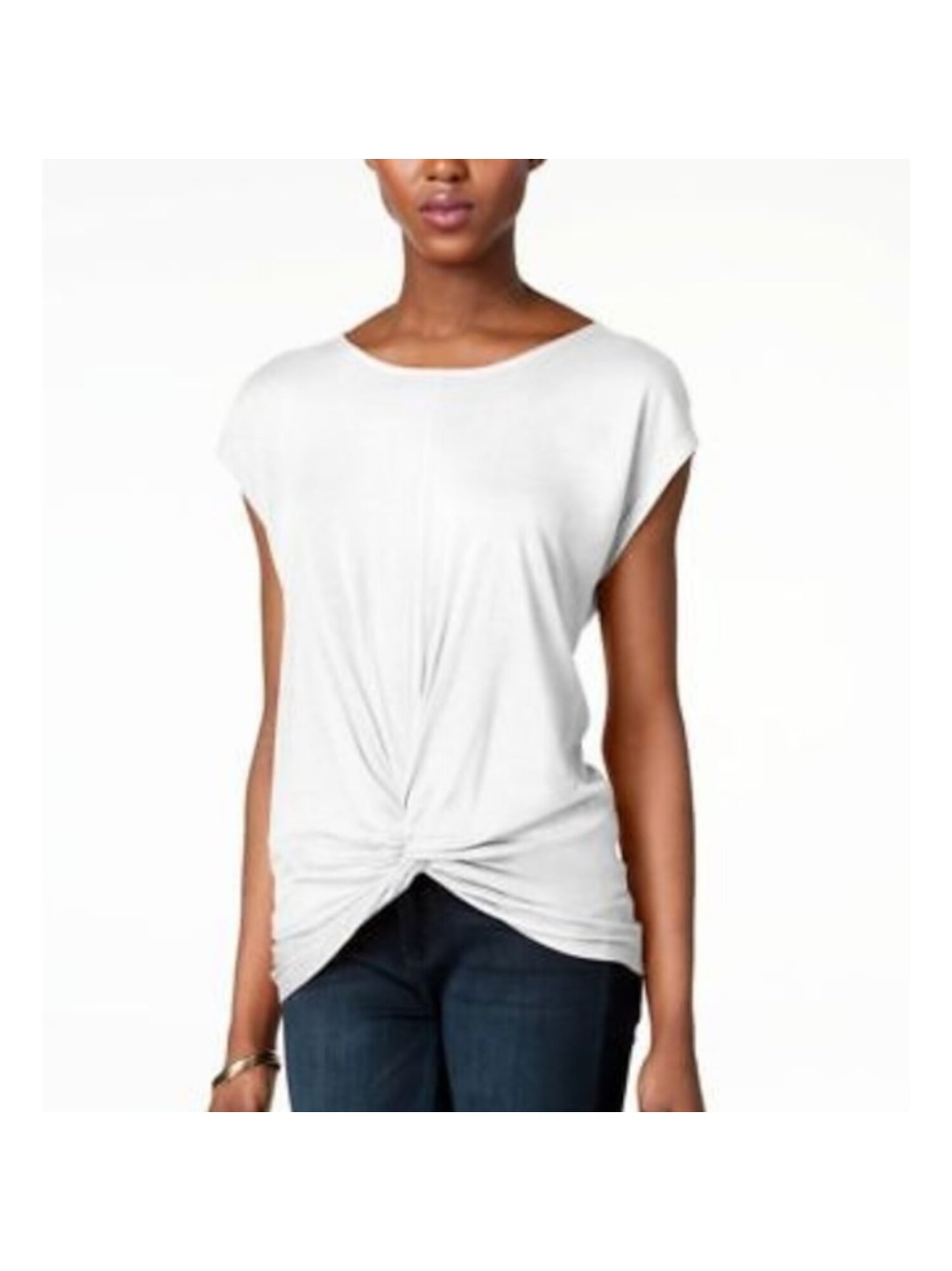 INC Women's Twist Front Basic T-Shirt White Size M