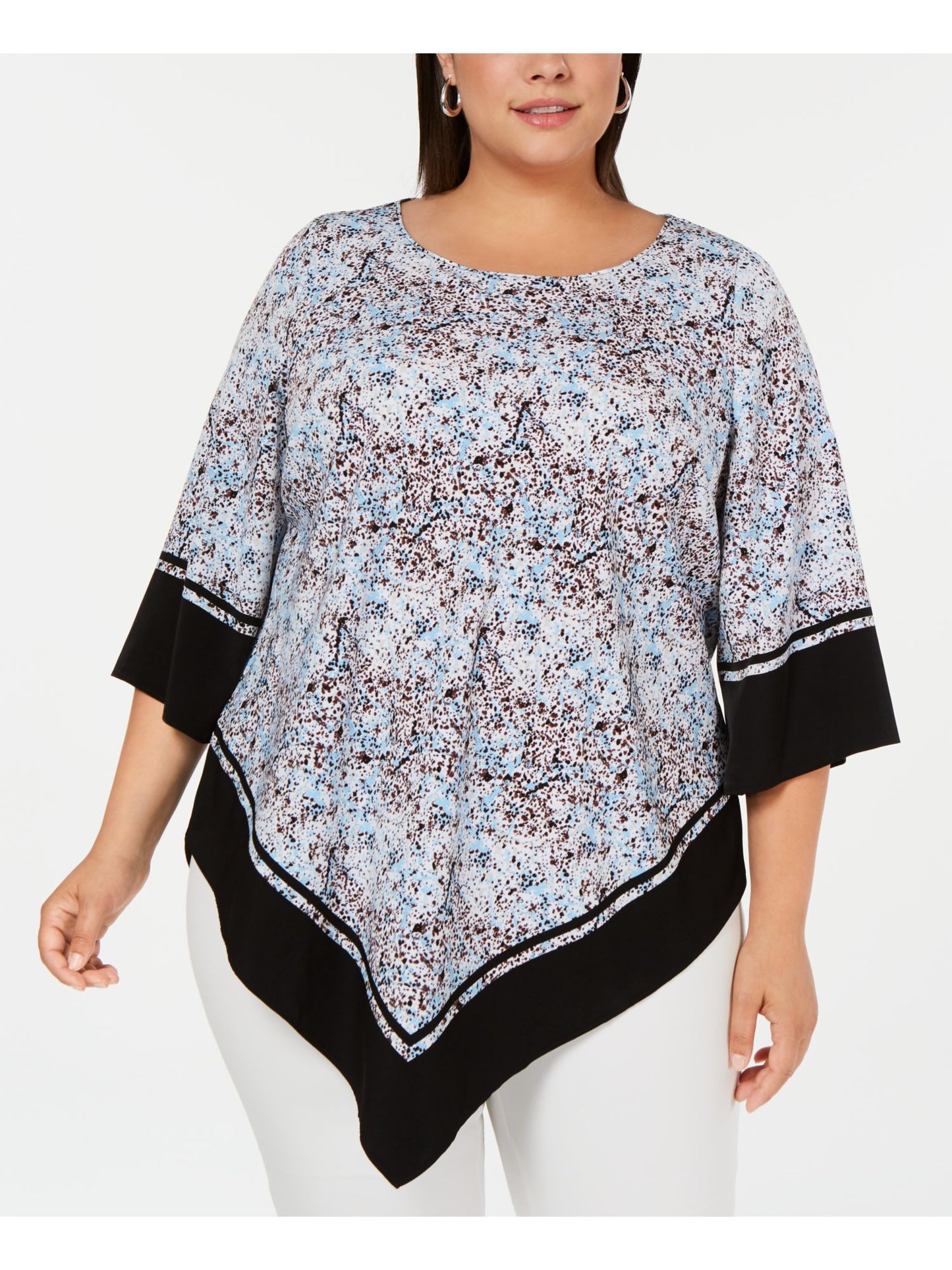 Alfani Women's Plus Size Printed V-Hem Top Blue Splatter Border Size1X