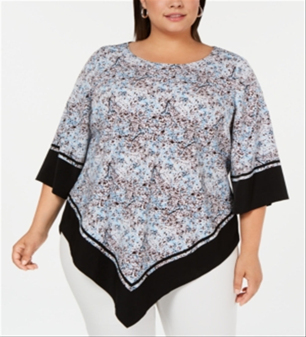 Alfani Women's Plus Size Printed V-Hem Top Blue Splatter Border Size1X