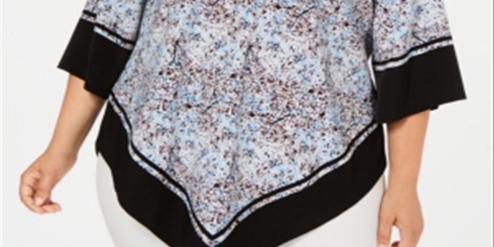 Alfani Women's Plus Size Printed V-Hem Top Blue Splatter Border Size1X