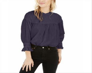 Free People Women's Blouse Knit Smocked Tunic Navy Size Large