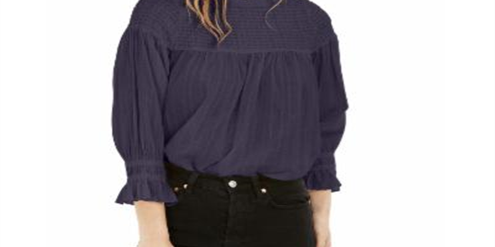 Free People Women's Blouse Knit Smocked Tunic Navy Size Large