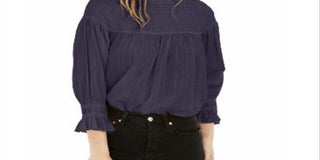 Free People Women's Blouse Knit Smocked Tunic Navy Size Large